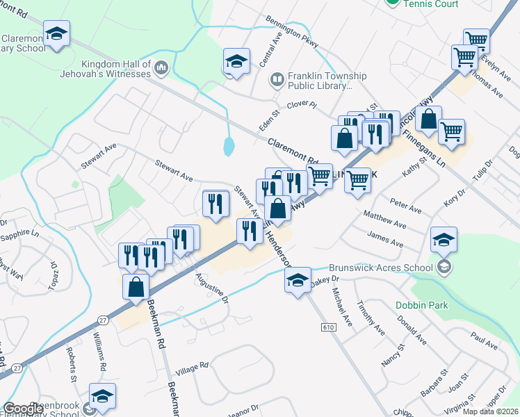 map of restaurants, bars, coffee shops, grocery stores, and more near 3087 New Jersey 27 in Franklin Township