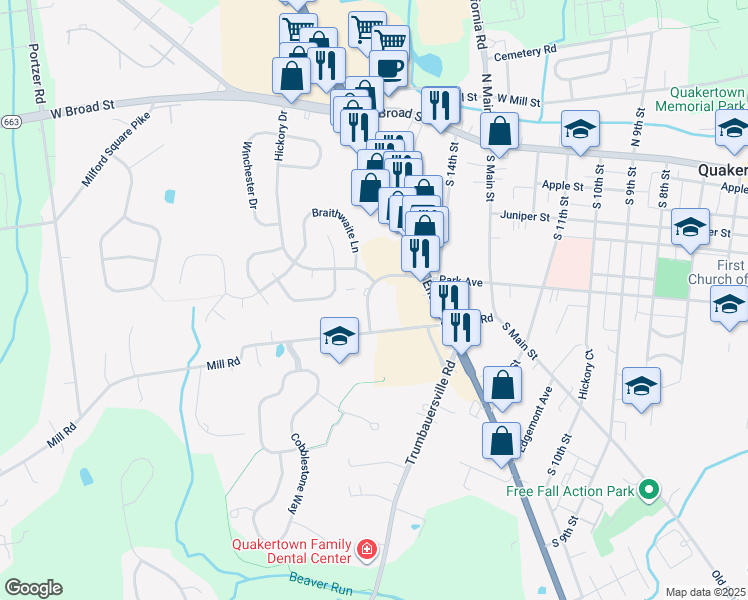 map of restaurants, bars, coffee shops, grocery stores, and more near 1660 Park Avenue in Quakertown