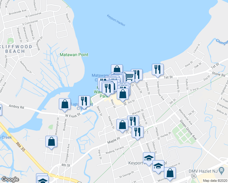 map of restaurants, bars, coffee shops, grocery stores, and more near 17 West Front Street in Keyport