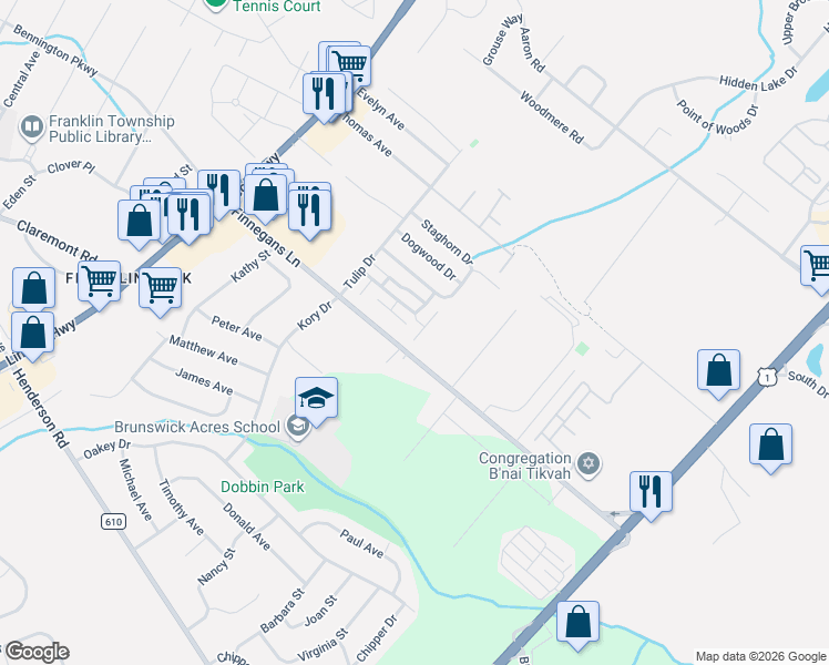 map of restaurants, bars, coffee shops, grocery stores, and more near 111 Aspen Drive in North Brunswick Township