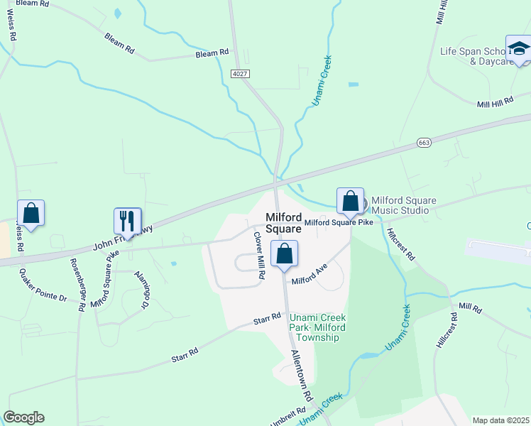 map of restaurants, bars, coffee shops, grocery stores, and more near 2134 Milford Square Pike in Quakertown