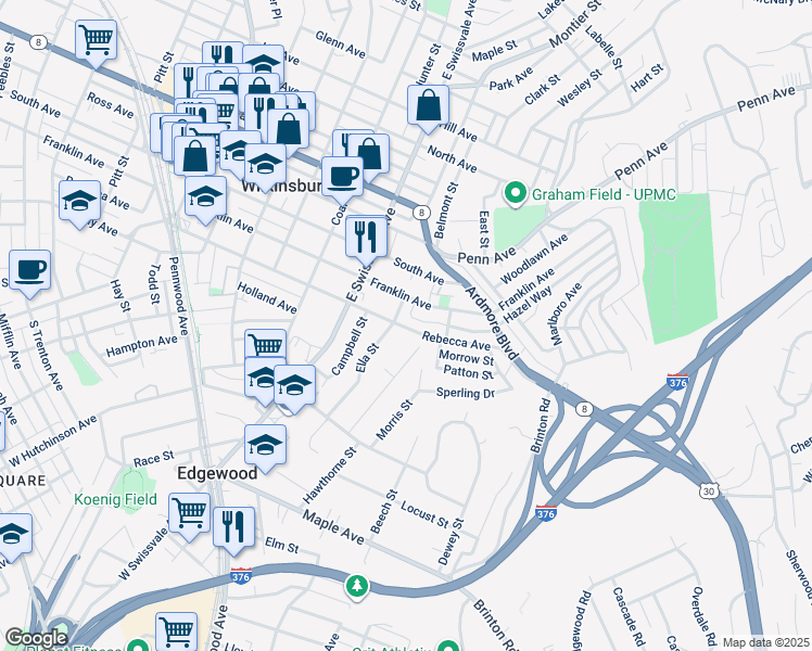 map of restaurants, bars, coffee shops, grocery stores, and more near 486 Ella Street in Pittsburgh
