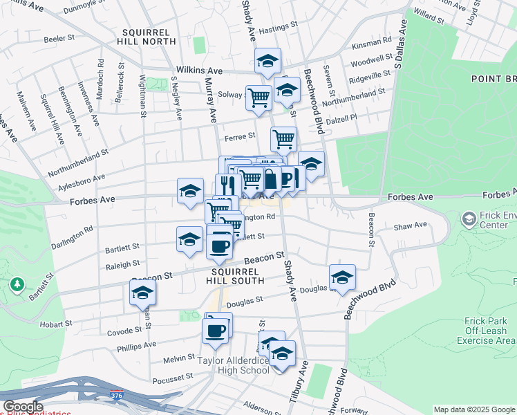 map of restaurants, bars, coffee shops, grocery stores, and more near 5876 Darlington Road in Pittsburgh