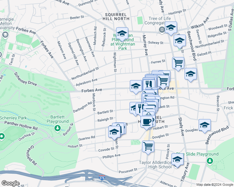 map of restaurants, bars, coffee shops, grocery stores, and more near 5601 Darlington Road in Pittsburgh