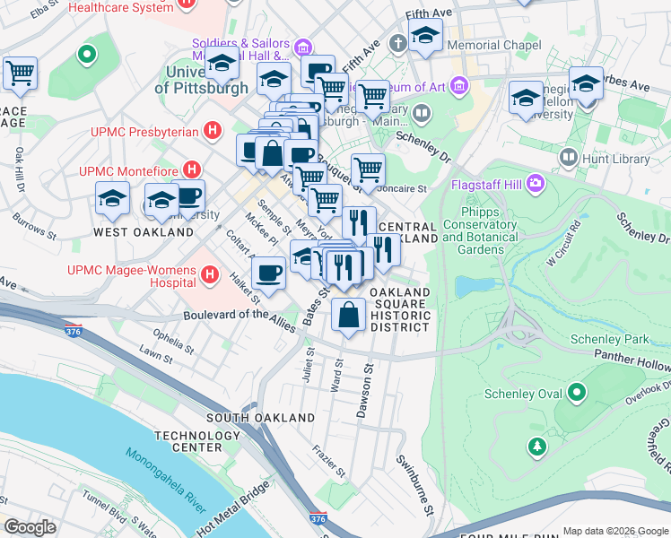 map of restaurants, bars, coffee shops, grocery stores, and more near in Pittsburgh