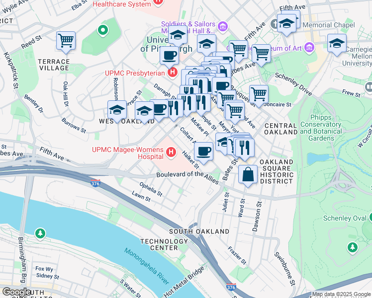 map of restaurants, bars, coffee shops, grocery stores, and more near 305 Halket Street in Pittsburgh