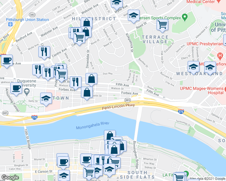 map of restaurants, bars, coffee shops, grocery stores, and more near 2019 Tustin Street in Pittsburgh