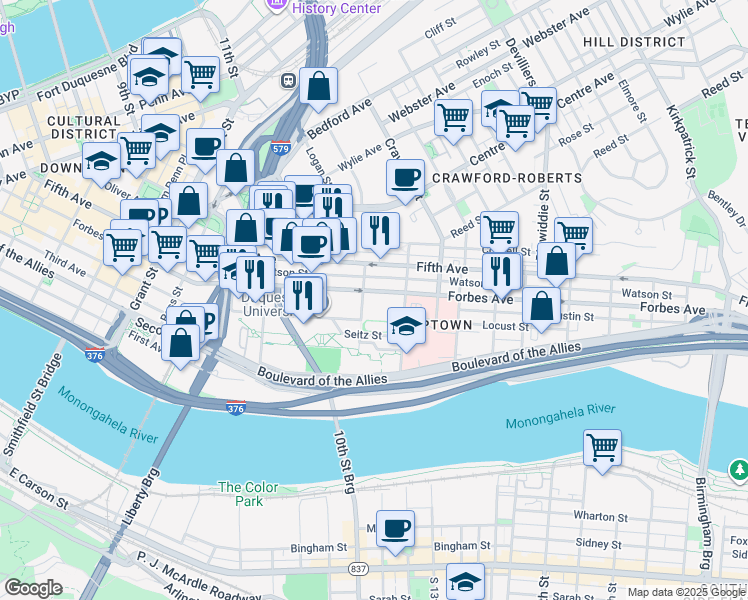 map of restaurants, bars, coffee shops, grocery stores, and more near 1304 Forbes Avenue in Pittsburgh