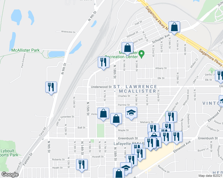 map of restaurants, bars, coffee shops, grocery stores, and more near 1714 Charles Street in Lafayette