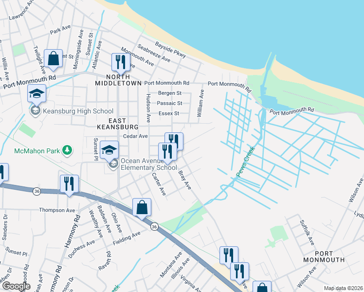 map of restaurants, bars, coffee shops, grocery stores, and more near 32 Raynor Avenue in North Middletown