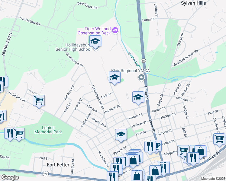map of restaurants, bars, coffee shops, grocery stores, and more near 1320 Union Street in Hollidaysburg