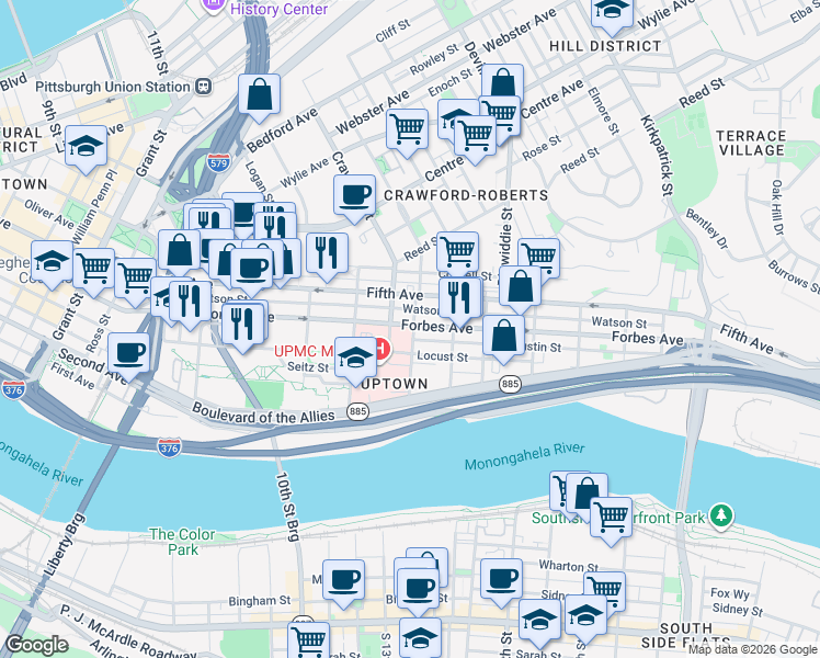 map of restaurants, bars, coffee shops, grocery stores, and more near in Pittsburgh