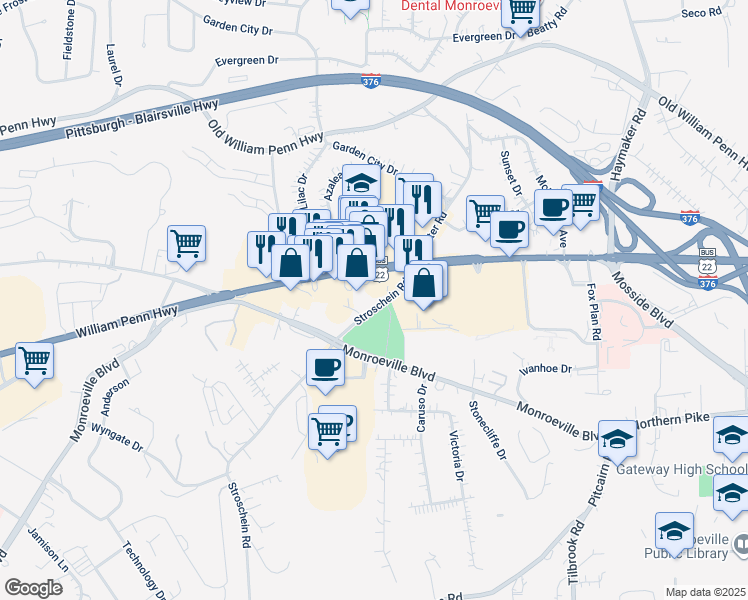 map of restaurants, bars, coffee shops, grocery stores, and more near 2725 Stroschein Rd in Monroeville