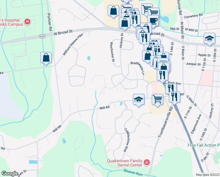 map of restaurants, bars, coffee shops, grocery stores, and more near 8 Fox Court in Quakertown