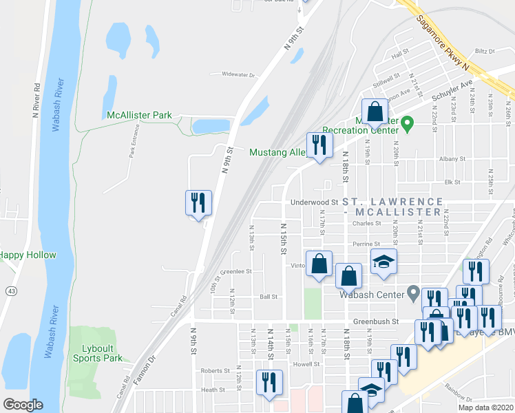 map of restaurants, bars, coffee shops, grocery stores, and more near 1313 Underwood Street in Lafayette