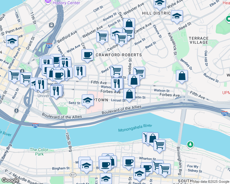 map of restaurants, bars, coffee shops, grocery stores, and more near Forbes Ave & Van Braam St in Pittsburgh