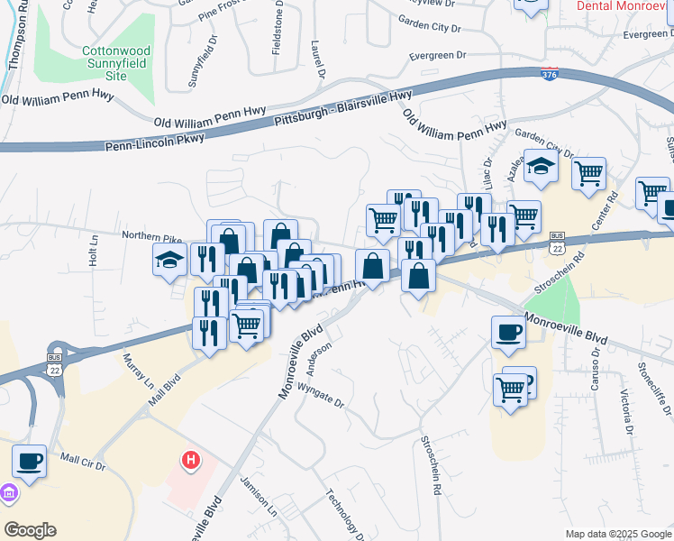 map of restaurants, bars, coffee shops, grocery stores, and more near 3858 William Penn Highway in Monroeville