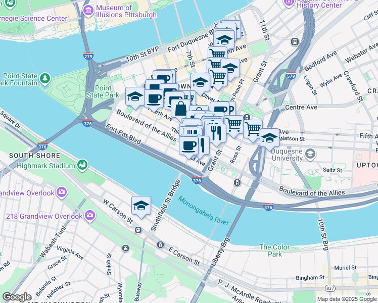 map of restaurants, bars, coffee shops, grocery stores, and more near 1 Smithfield Street in Pittsburgh