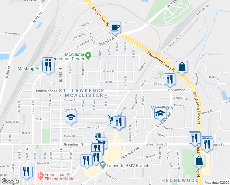 map of restaurants, bars, coffee shops, grocery stores, and more near 2231 Underwood Street in Lafayette