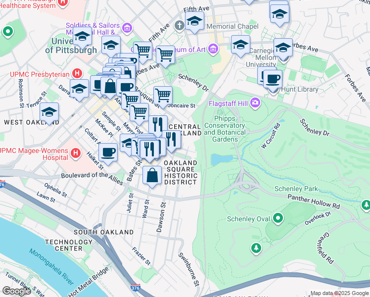 map of restaurants, bars, coffee shops, grocery stores, and more near 15 Oakland Square in Pittsburgh
