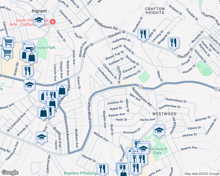 map of restaurants, bars, coffee shops, grocery stores, and more near 1441 Crafton Boulevard in Pittsburgh