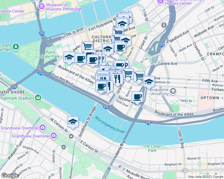 map of restaurants, bars, coffee shops, grocery stores, and more near 425 First Avenue in Pittsburgh