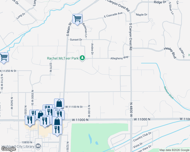 map of restaurants, bars, coffee shops, grocery stores, and more near 5060 West 11200 North in Highland