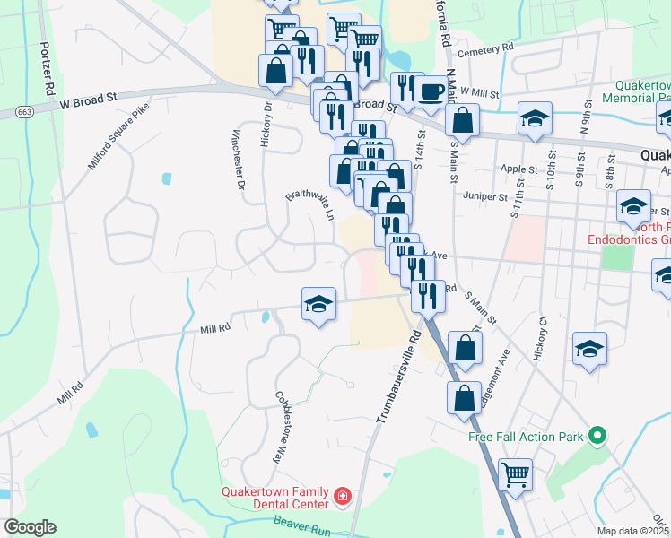map of restaurants, bars, coffee shops, grocery stores, and more near 127 Mill Road in Quakertown