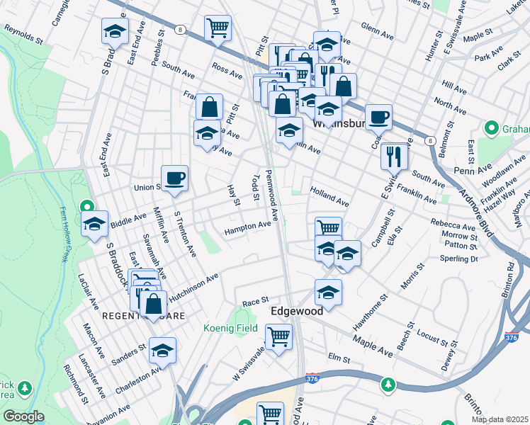 map of restaurants, bars, coffee shops, grocery stores, and more near 616 Hampton Avenue in Pittsburgh