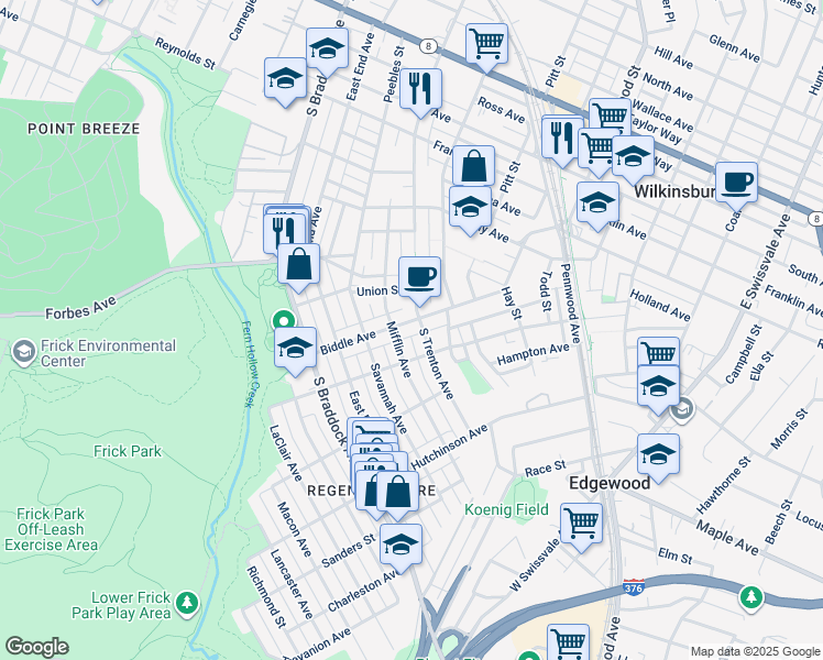 map of restaurants, bars, coffee shops, grocery stores, and more near 820 Mifflin Avenue in Pittsburgh