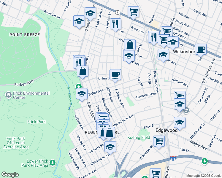 map of restaurants, bars, coffee shops, grocery stores, and more near 820 Mifflin Avenue in Pittsburgh