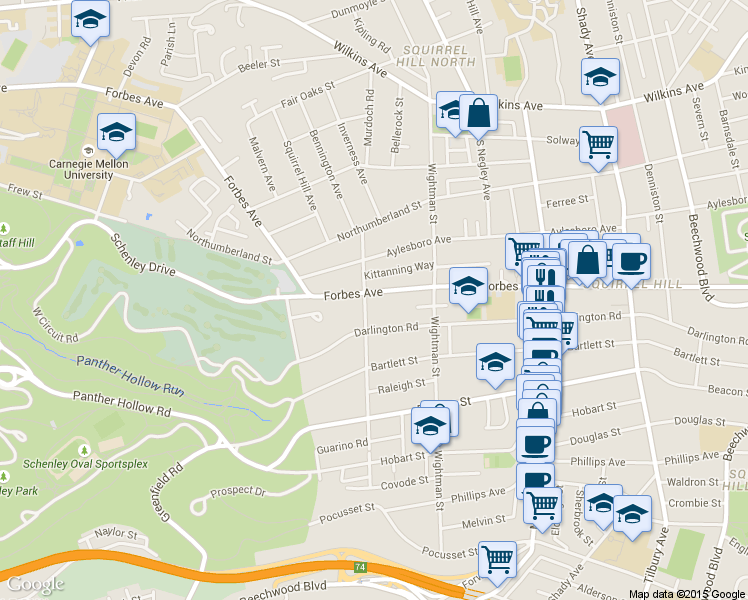 map of restaurants, bars, coffee shops, grocery stores, and more near 5505 Darlington Road in Pittsburgh