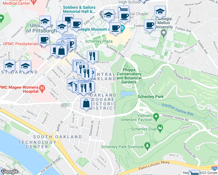 map of restaurants, bars, coffee shops, grocery stores, and more near 15 Oakland Square in Pittsburgh