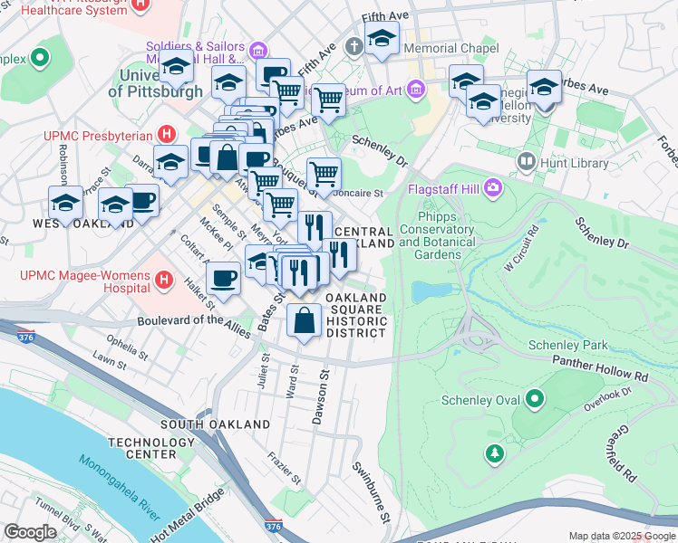map of restaurants, bars, coffee shops, grocery stores, and more near 434 Atwood Street in Pittsburgh