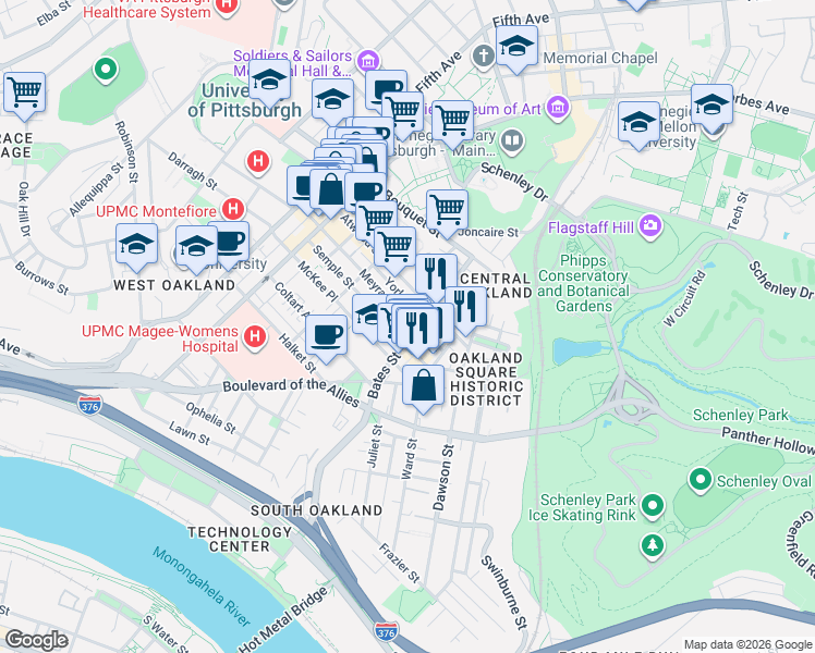 map of restaurants, bars, coffee shops, grocery stores, and more near in Pittsburgh