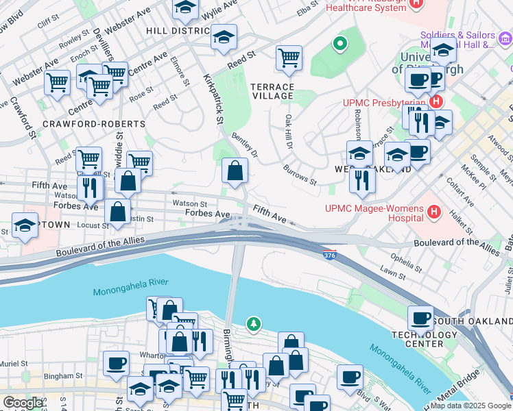 map of restaurants, bars, coffee shops, grocery stores, and more near 2328 Fifth Avenue in Pittsburgh