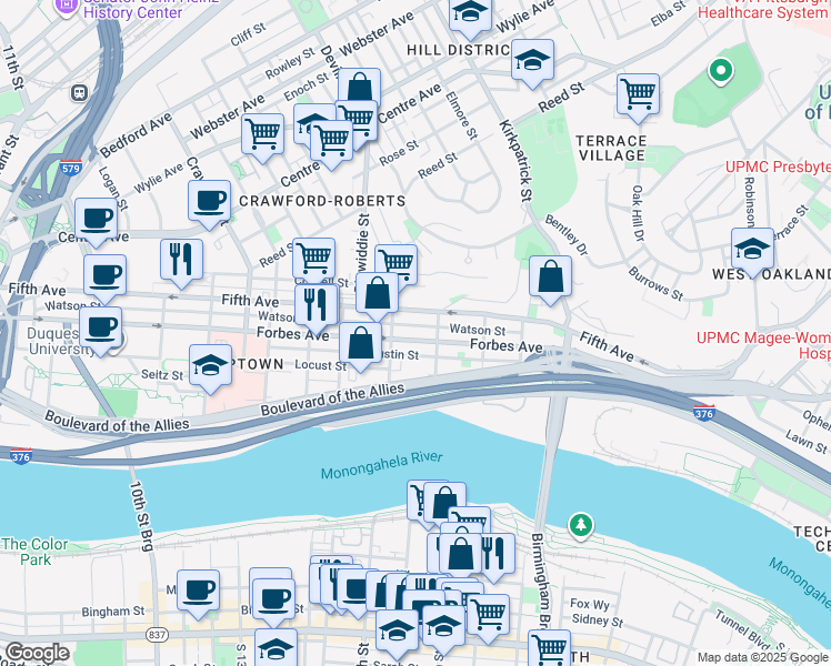 map of restaurants, bars, coffee shops, grocery stores, and more near 1929 Tustin Street in Pittsburgh