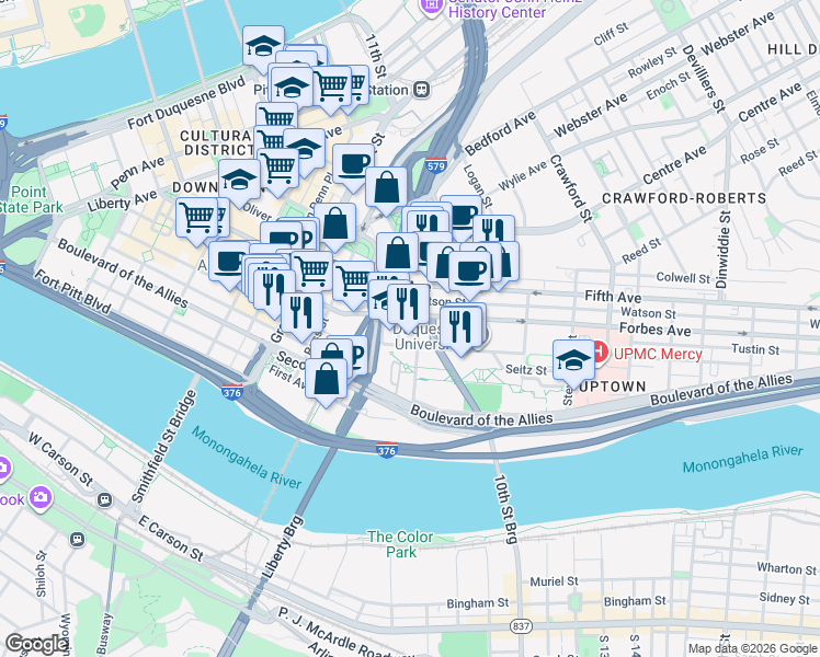 map of restaurants, bars, coffee shops, grocery stores, and more near 600 Forbes Avenue in Pittsburgh