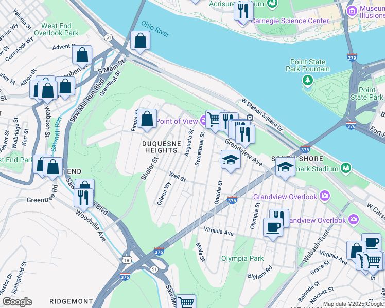 map of restaurants, bars, coffee shops, grocery stores, and more near 309 Sweetbriar Street in Pittsburgh