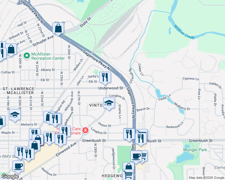 map of restaurants, bars, coffee shops, grocery stores, and more near 3101-3103 Longlois Drive in Lafayette