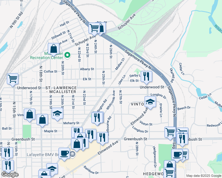 map of restaurants, bars, coffee shops, grocery stores, and more near 1912 Arlington Road in Lafayette