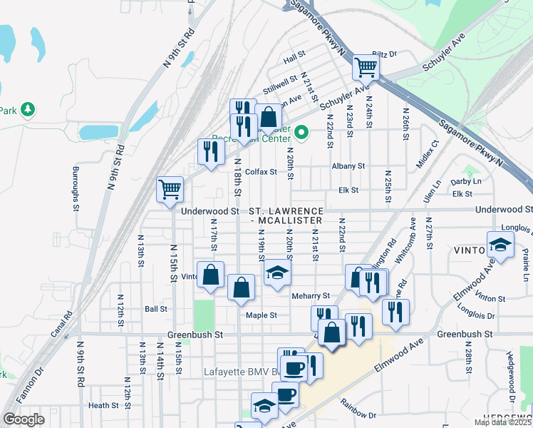 map of restaurants, bars, coffee shops, grocery stores, and more near 1914 Charles Street in Lafayette
