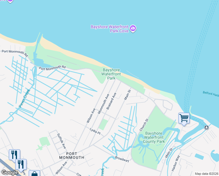 map of restaurants, bars, coffee shops, grocery stores, and more near 24 Brainard Avenue in Port Monmouth