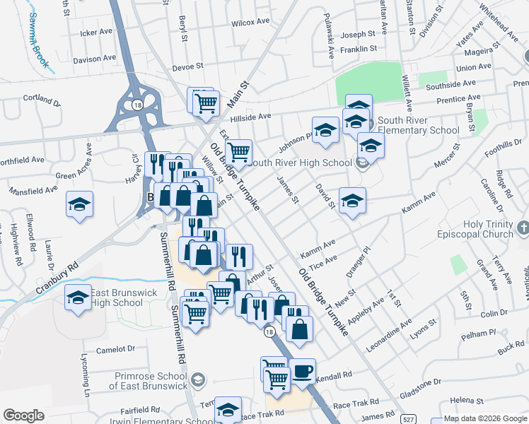 map of restaurants, bars, coffee shops, grocery stores, and more near 184 Old Bridge Turnpike in South River