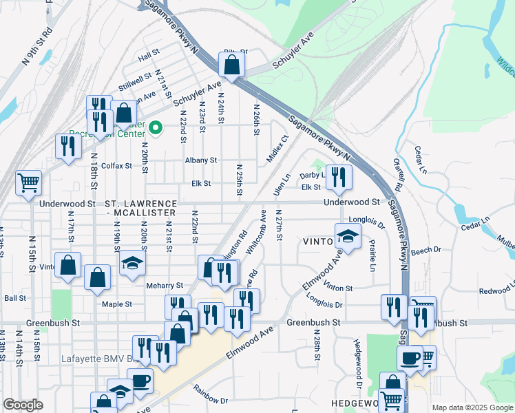 map of restaurants, bars, coffee shops, grocery stores, and more near 1912 Arlington Road in Lafayette