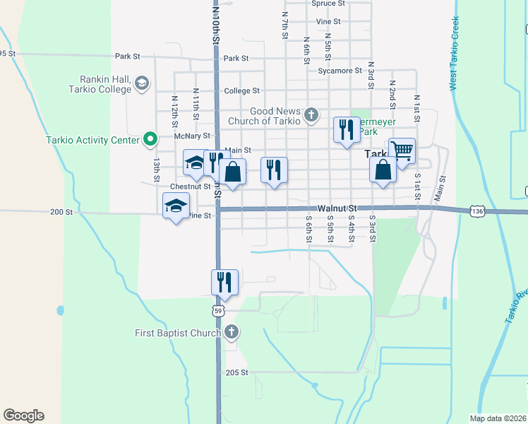 map of restaurants, bars, coffee shops, grocery stores, and more near 800-898 Pine Street in Tarkio
