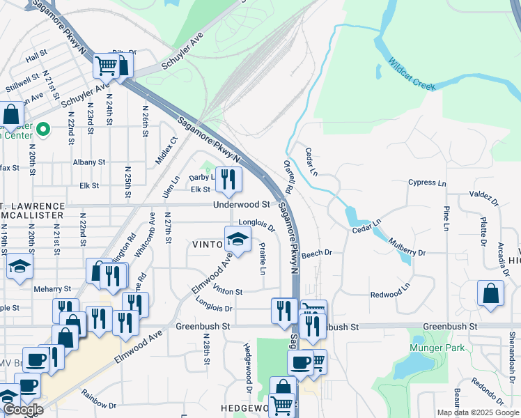 map of restaurants, bars, coffee shops, grocery stores, and more near 3133 Underwood Street in Lafayette