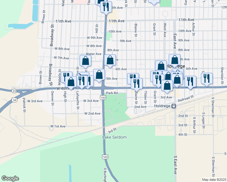 map of restaurants, bars, coffee shops, grocery stores, and more near 300-344 Morton Street in Holdrege