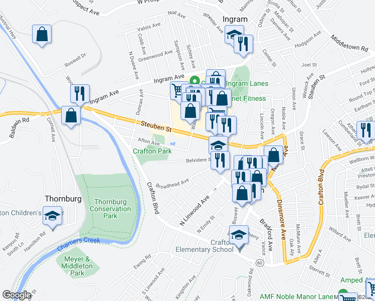 map of restaurants, bars, coffee shops, grocery stores, and more near 2 Afton Avenue in Crafton