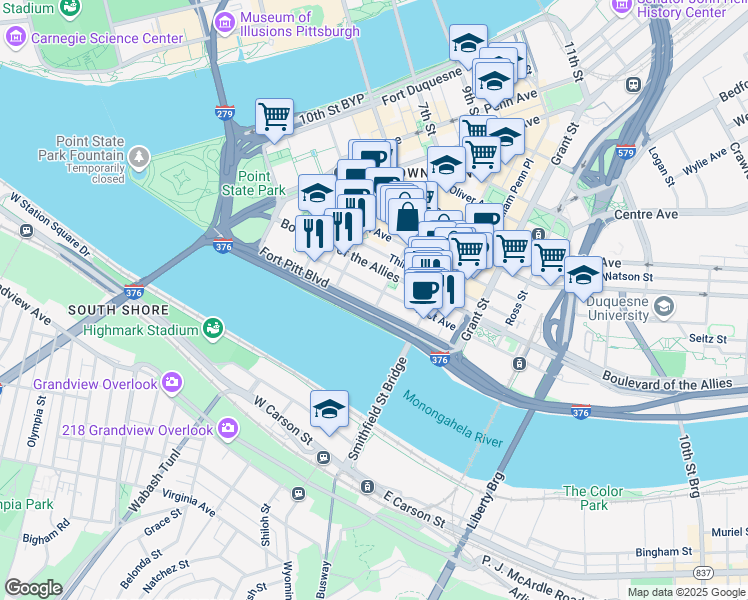 map of restaurants, bars, coffee shops, grocery stores, and more near 7 Wood Street in Pittsburgh